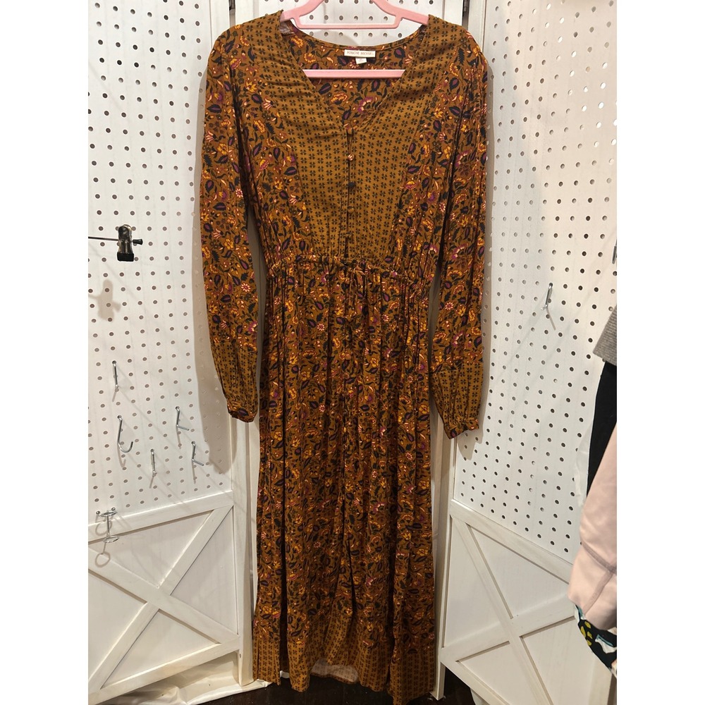 Knox Rose Womens Floral‎ Print Long Sleeve Midi Dress Mustard Yellow XS